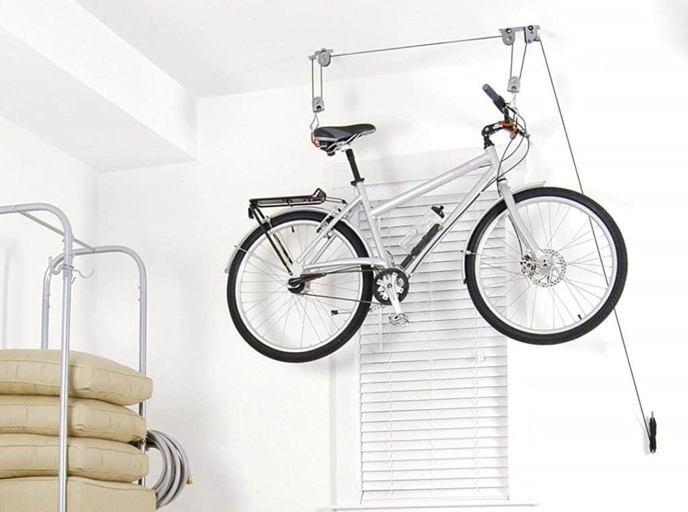 A bike lift is a great way to store your bike if you don't have a lot of space.