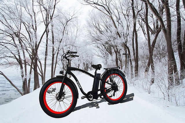 If you are riding an electric bike in the snow, be sure to wear warm clothes and reflectors.