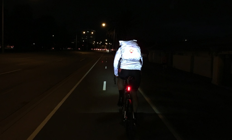 If you're riding your bike at night, be sure to have lights on both the front and back of your bike, and wear reflective clothing.