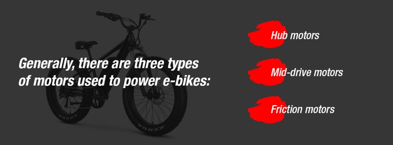 There are three main types of electric bike motors: hub motors, mid-drive motors, and friction drive motors.